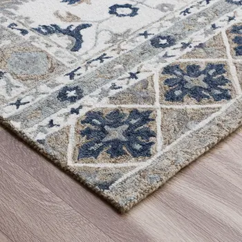 9' X 12' Blue and Ivory Wool Floral Hand Tufted Area Rug