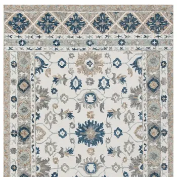 9' X 12' Blue and Ivory Wool Floral Hand Tufted Area Rug