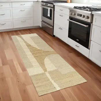 8' Natural And Ivory Jute Abstract Hand Woven Runner Rug