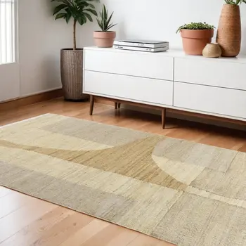 9' X 12' Natural and Ivory Abstract Hand Woven Area Rug