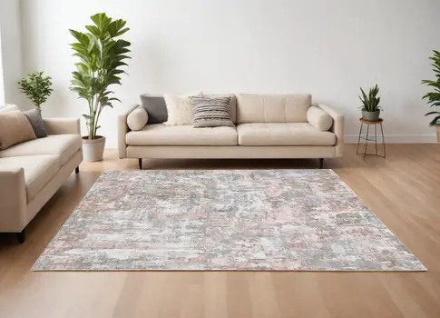 9' X 12' Gray and Pink Abstract Hand Loomed Area Rug
