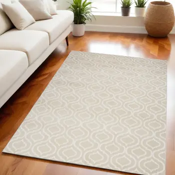 5' X 7' Beige and Ivory Trellis Non Skid Area Rug