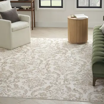 5' X 7' Beige and Ivory Damask Distressed Non Skid Area Rug