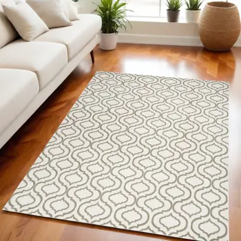 5' X 7' Ivory and Green Trellis Non Skid Area Rug