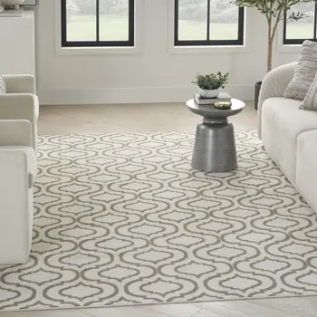 5' X 7' Ivory and Green Trellis Non Skid Area Rug