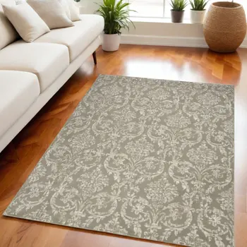 5' X 7' Olive Green and Ivory Damask Distressed Non Skid Area Rug