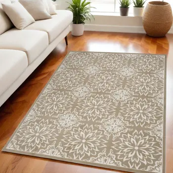 5' X 7' Taupe and Ivory Floral Medallion Non Skid Area Rug