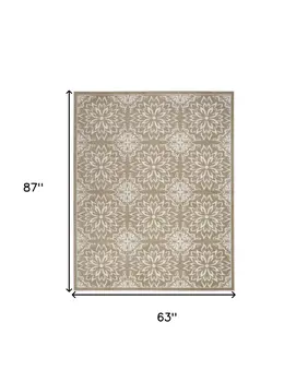5' X 7' Taupe and Ivory Floral Medallion Non Skid Area Rug