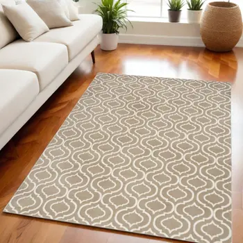 5' X 7' Taupe and Ivory Trellis Non Skid Area Rug