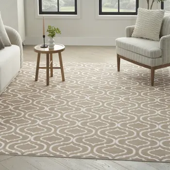 5' X 7' Taupe and Ivory Trellis Non Skid Area Rug