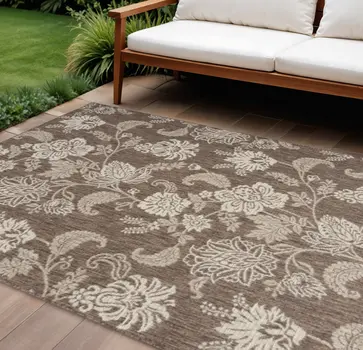 6' X 9' Brown And Ivory Floral Indoor Outdoor Area Rug