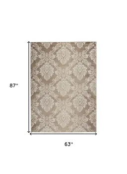 5' X 7' Taupe and Ivory Damask Distressed Non Skid Area Rug