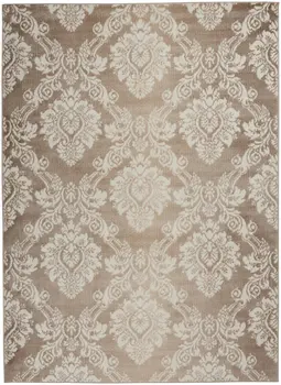 5' X 7' Taupe and Ivory Damask Distressed Non Skid Area Rug