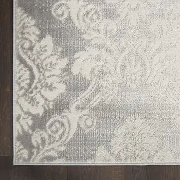 5' X 7' Gray and Ivory Damask Distressed Non Skid Area Rug