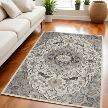 5' X 7' Gray and Ivory Floral Non Skid Area Rug