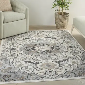 5' X 7' Gray and Ivory Floral Non Skid Area Rug