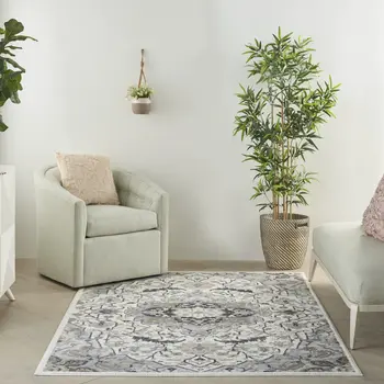 5' X 7' Gray and Ivory Floral Non Skid Area Rug
