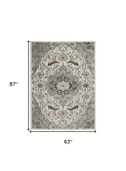 5' X 7' Gray and Ivory Floral Non Skid Area Rug