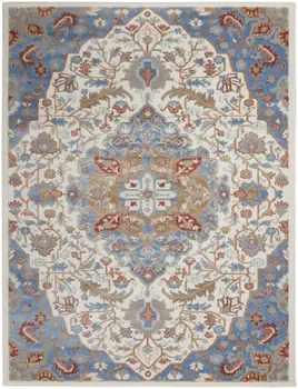 5' X 7' Ivory Blue and Gray Floral Non Skid Area Rug