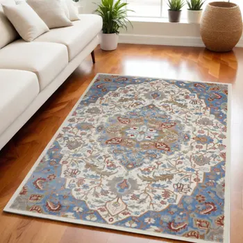 5' X 7' Ivory Blue and Gray Floral Non Skid Area Rug