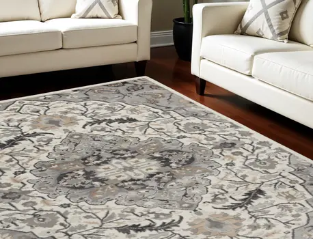 6' X 9' Ivory Black and Gray Floral Non Skid Area Rug