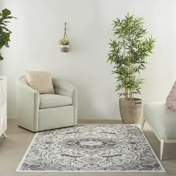 6' X 9' Ivory Black and Gray Floral Non Skid Area Rug