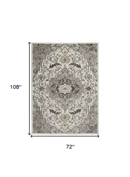 6' X 9' Ivory Black and Gray Floral Non Skid Area Rug