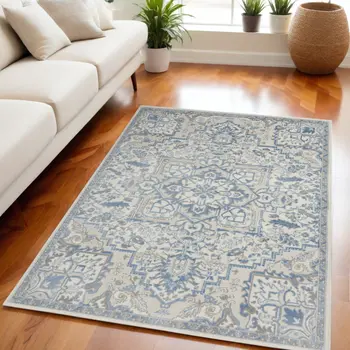5' X 7' Ivory Blue and Gray Floral Non Skid Area Rug