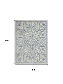 5' X 7' Ivory Blue and Gray Floral Non Skid Area Rug