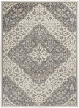 5' X 7' Ivory and Gray Floral Non Skid Area Rug