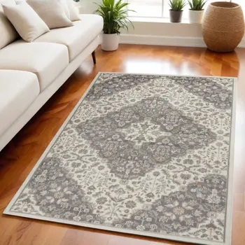 5' X 7' Ivory and Gray Floral Non Skid Area Rug
