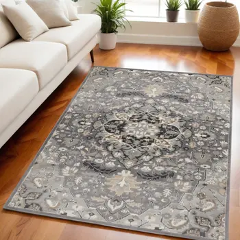 5' X 7' Black and Gray Floral Medallion Non Skid Area Rug