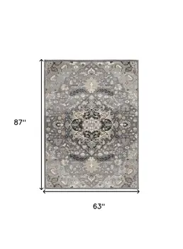 5' X 7' Black and Gray Floral Medallion Non Skid Area Rug