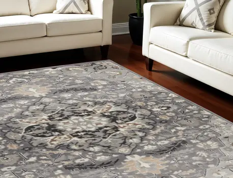 6' X 9' Black and Gray Floral Medallion Non Skid Area Rug