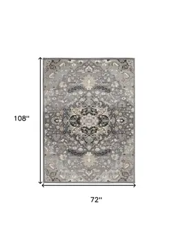 6' X 9' Black and Gray Floral Medallion Non Skid Area Rug