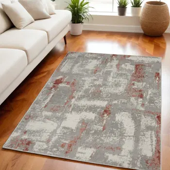 5' X 7' Ivory Gray and Brown Abstract Non Skid Area Rug