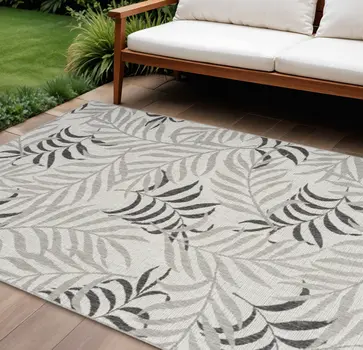 6' X 9' Gray Black And Ivory Palm Leaf Indoor Outdoor Area Rug
