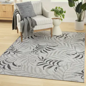 6' X 9' Gray Black And Ivory Palm Leaf Indoor Outdoor Area Rug