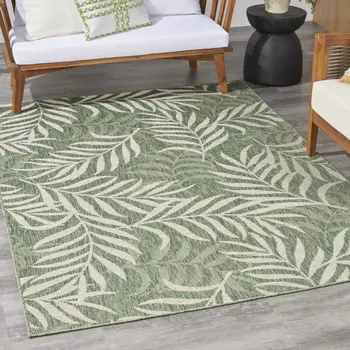 6' X 9' Green And Ivory Palm Leaf Indoor Outdoor Area Rug