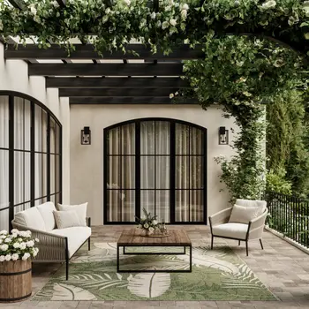 6' X 9' Green And Ivory Palm Leaf Indoor Outdoor Area Rug