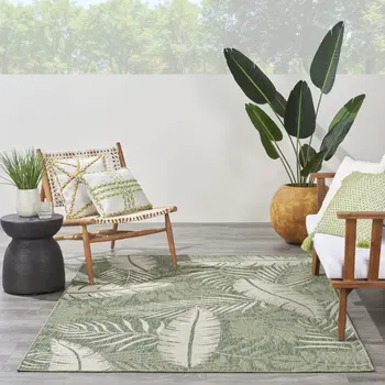 6' X 9' Green And Ivory Palm Leaf Indoor Outdoor Area Rug