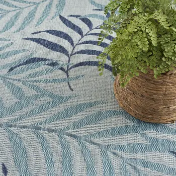 6' X 9' Sky Blue And Blue Palm Leaf Indoor Outdoor Area Rug