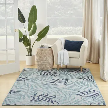 6' X 9' Sky Blue And Blue Palm Leaf Indoor Outdoor Area Rug