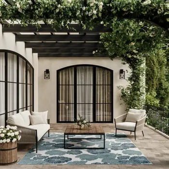 6' X 9' Navy Blue And Ivory Floral Indoor Outdoor Area Rug