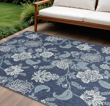 6' X 9' Navy Blue And Ivory Floral Indoor Outdoor Area Rug