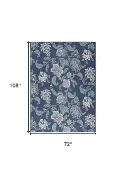 6' X 9' Navy Blue And Ivory Floral Indoor Outdoor Area Rug