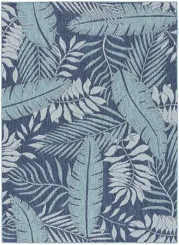 6' X 9' Navy Blue And Ivory Palm Leaf Indoor Outdoor Area Rug