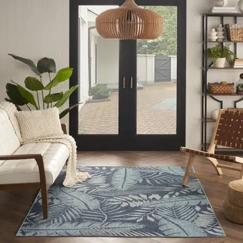 6' X 9' Navy Blue And Ivory Palm Leaf Indoor Outdoor Area Rug