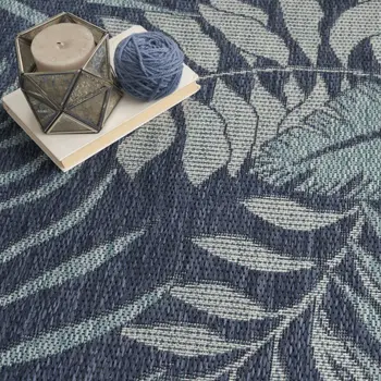 6' X 9' Navy Blue And Ivory Palm Leaf Indoor Outdoor Area Rug