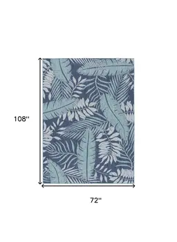 6' X 9' Navy Blue And Ivory Palm Leaf Indoor Outdoor Area Rug